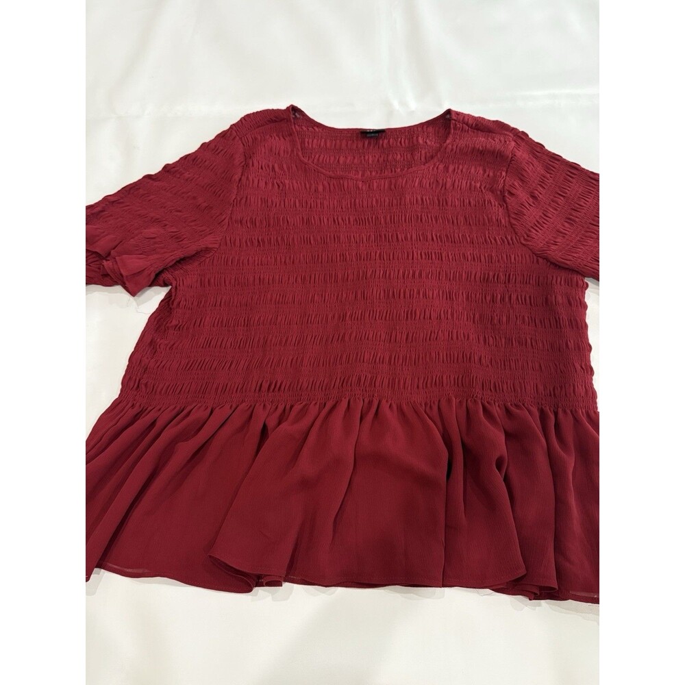 Torrid Top Womens Sz 4X Smocked Stretch Blouse Peasant Bohemian Wine Red Peplum
